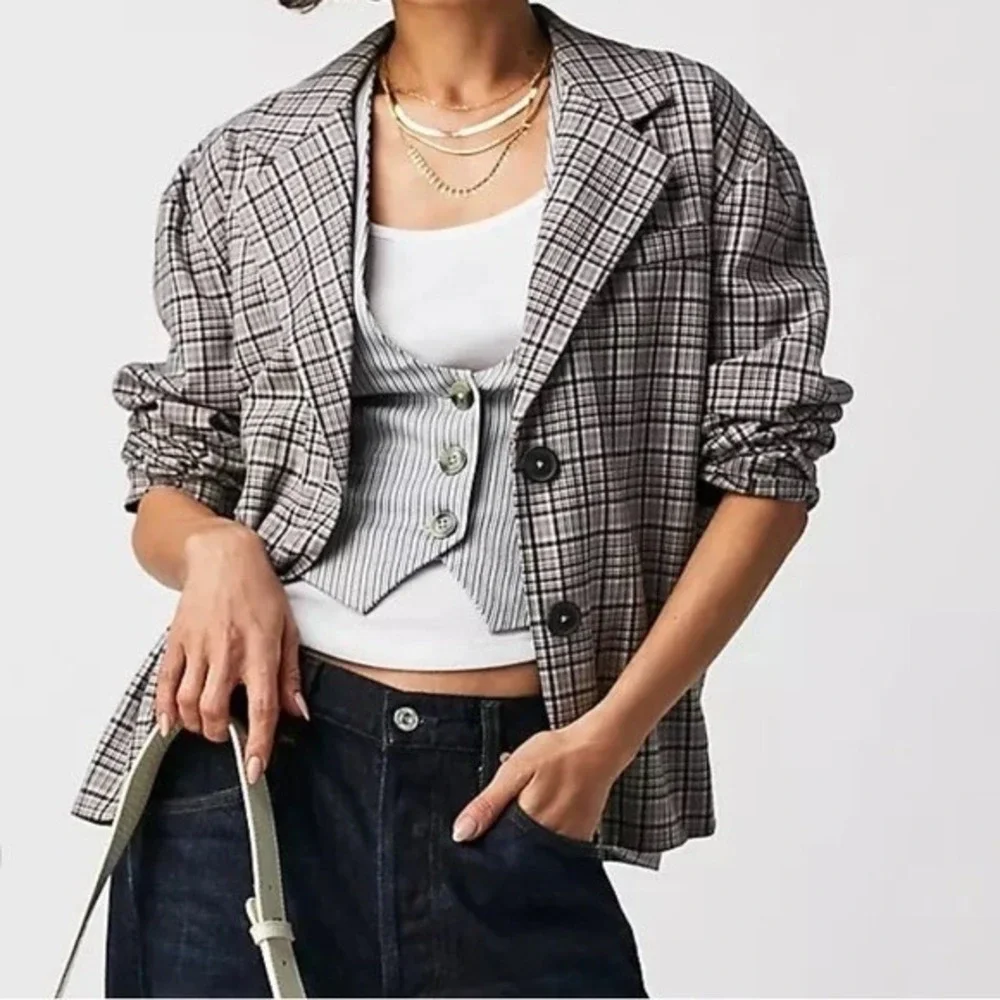 We The Free Free‎ People Cali Grey Plaid Blazer Two Button Jacket Womens XL